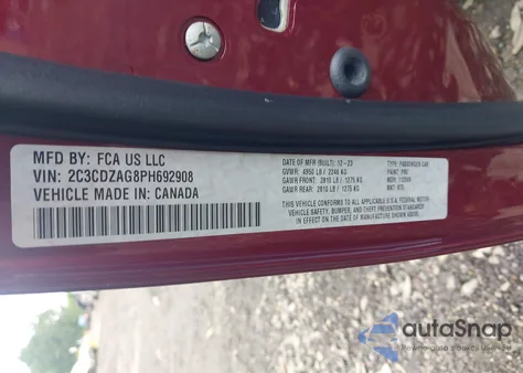 2023 Dodge Challenger Sxt z USA, uszkodzony, nr VIN 2C3CDZAG8PH692908